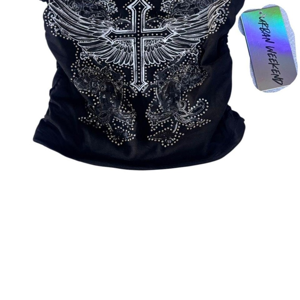 Y2K RHINESTONE‎ CROSS ANGEL WINGS GOD IS GOOD BLING BLACK TUBE TOP SMALL NWT - Picture 3 of 4